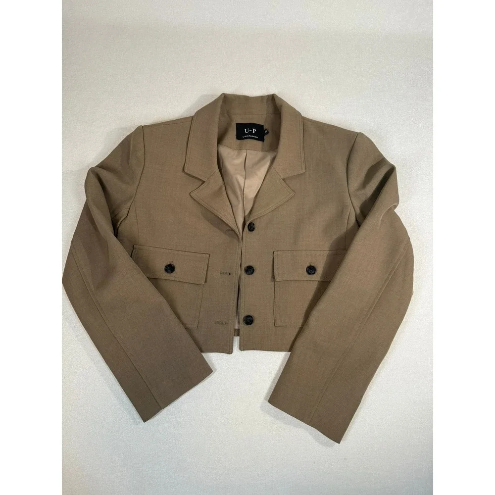 U-P Fashion Cropped Blazer Jacket Tan Two Button Utility Pockets Medium - Picture 2 of 8